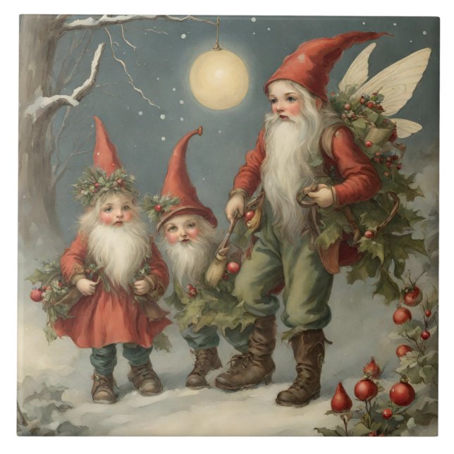 Fairy Tale Christmas Gnome Family in Winter Forest Tile (Front)