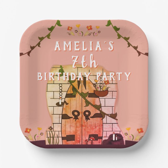 Fairy Tale Door Flower Drawing Girl Birthday Party Paper Plate (Front)