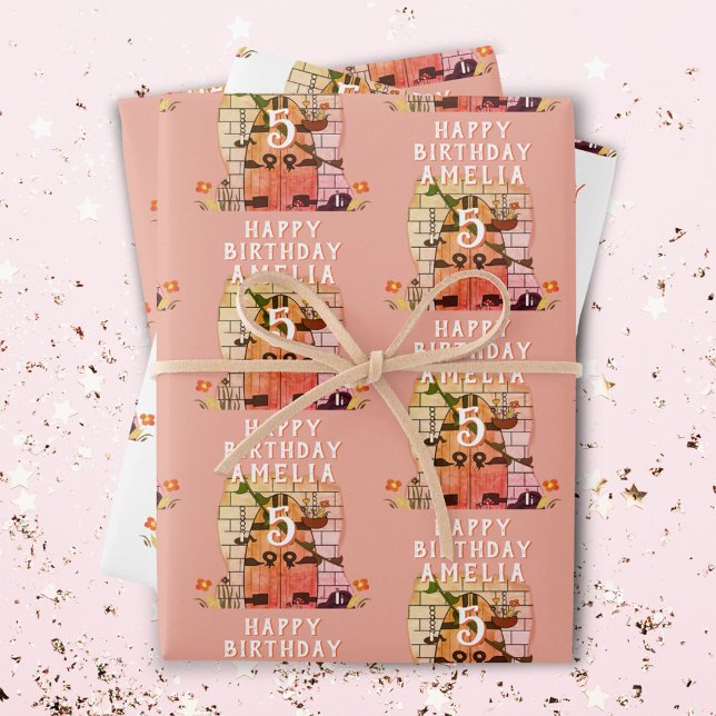 Fairy Tale Door Flower Drawing Girl Happy Birthday Wrapping Paper Sheet (Creator Uploaded)