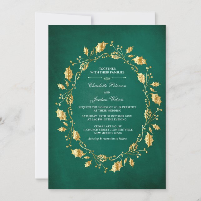 Fairy tale Emerald Green  and Gold Royal Wedding  Invitation (Front)