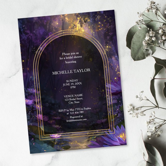 Fairy Tale Enchanted Forest Elegant Floral Bridal Invitation (Dreamy background, deep forest, distant view, fluorescence, flowers, small path, winding path )