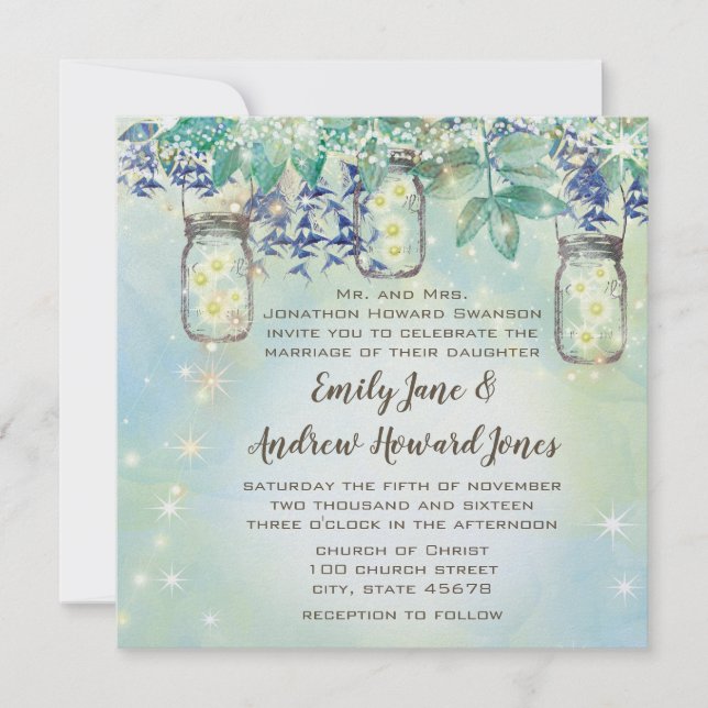 Fairy Tale Forest Blue Green Mason Jar Wedding Invitation (Front)