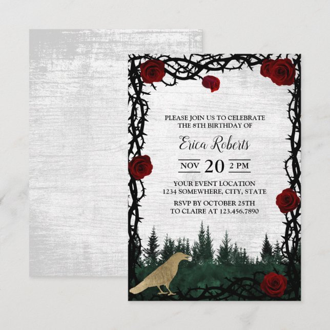 Fairy Tale Forest Rose & Thorn Gold Bird Birthday Invitation (Front/Back)