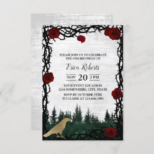 Fairy Tale Forest Rose & Thorn Gold Bird Birthday Invitation