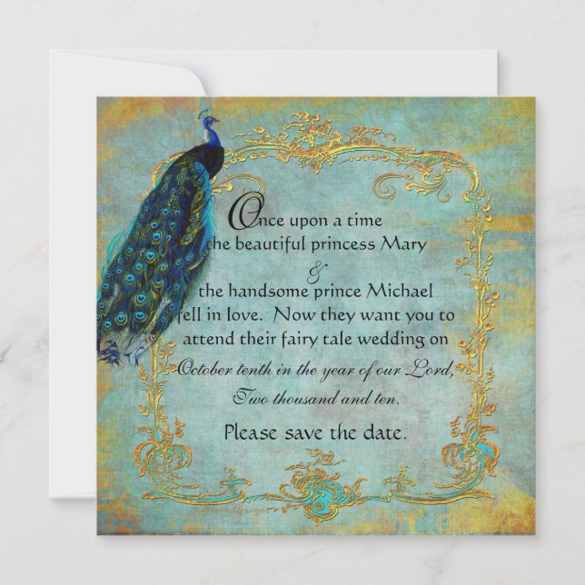 Fairy Tale Gold Filigree Peacock & Crown Save The Date (Front)