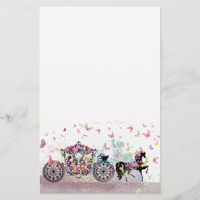 Fairy Tale Horse and Carriage with Flowers Stationery (Front)