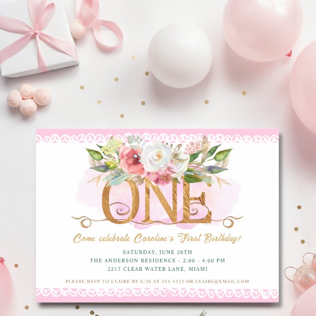 Fairy Tale Magical Floral Pink 1st Birthday Party Invitation (Creator Uploaded)