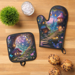 Fairy tale magical village oven mitt & pot holder set