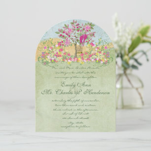 Fairy Tale Pink Green Floral Lovebird Tree Wedding Invitation