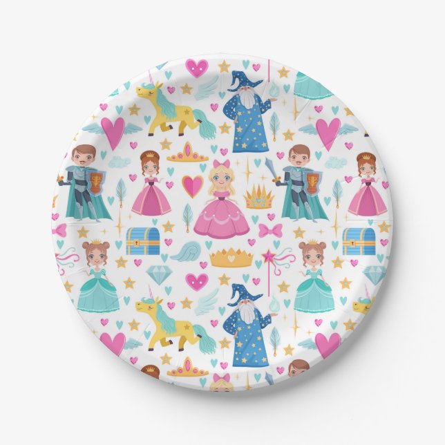 Fairy Tale Princess Knight Unicorn Wizard Pattern Paper Plate (Front)