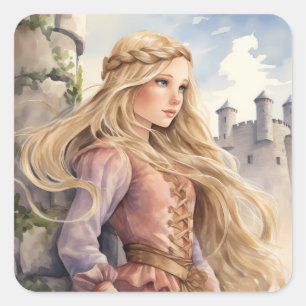 Fairy Tale Princess Rapunzel and a Mediaeval Castl Square Sticker