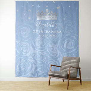 Fairy Tale Silver Light Blue Roses Photo Backdrop Tapestry