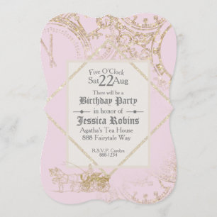 Fairy Tale Theme Castle Carriage Gold Glitter Pink Invitation