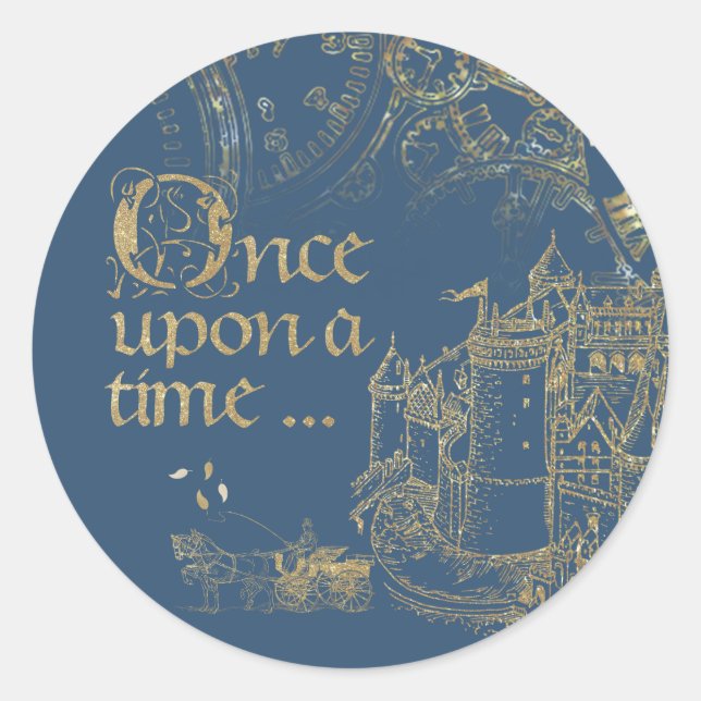 Fairy Tale Theme Castle Carriage Gold on Navy Blue Classic Round Sticker (Front)
