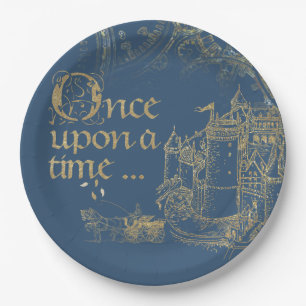 Fairy Tale Theme Castle Carriage Gold on Navy Blue Paper Plate