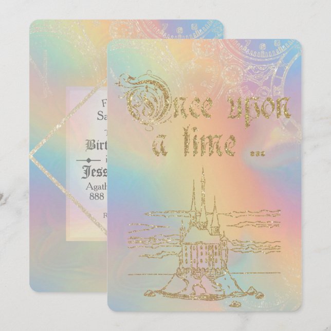 Fairy Tale Theme Gold Castle Over Rainbow Invitation (Front/Back)