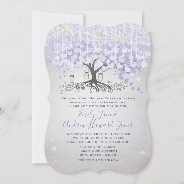 Fairy Tale Ultra Violet Heart Leaf Tree Wedding Invitation (Front)