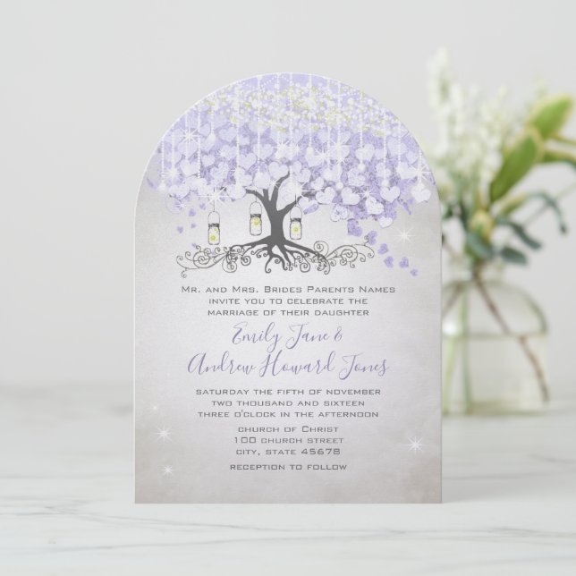 Fairy Tale Ultra Violet Heart Leaf Tree Wedding Invitation (Standing Front)