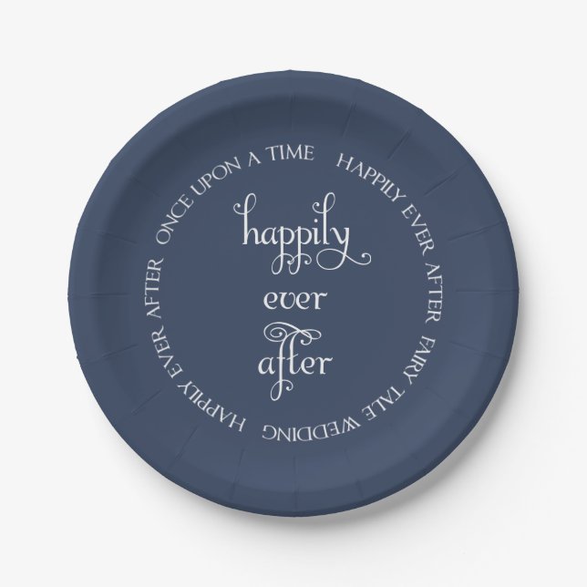 Fairy Tale Wedding Happily Navy Blue Paper Plate (Front)