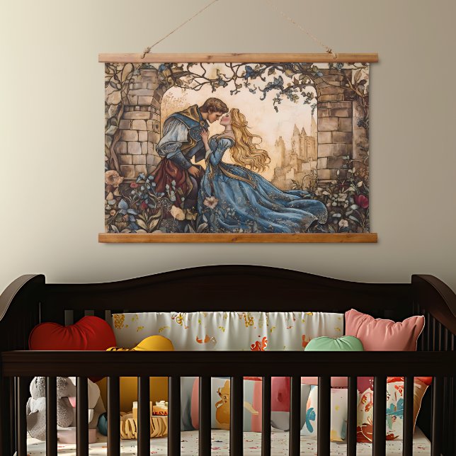 Fairy Tale Wood Topped Wall Tapestry (Sleeping Beauty and the Prince Nursery Tapestry)
