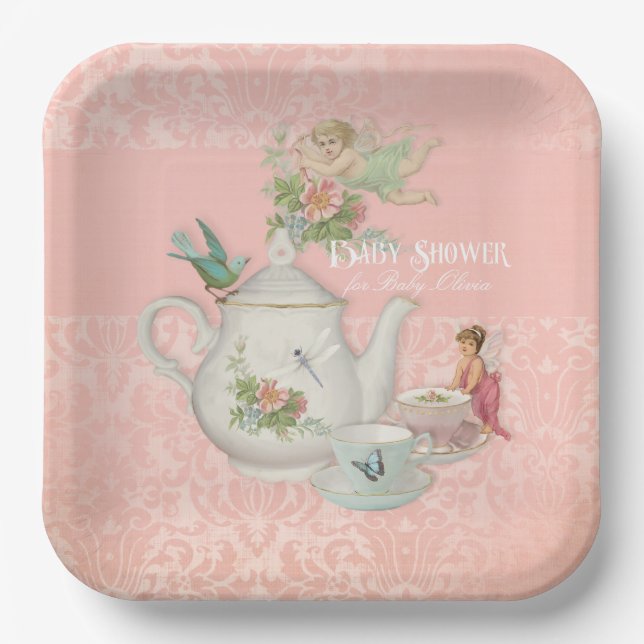 Fairy Tea Party Baby Shower Decor Personalised Paper Plate (Front)
