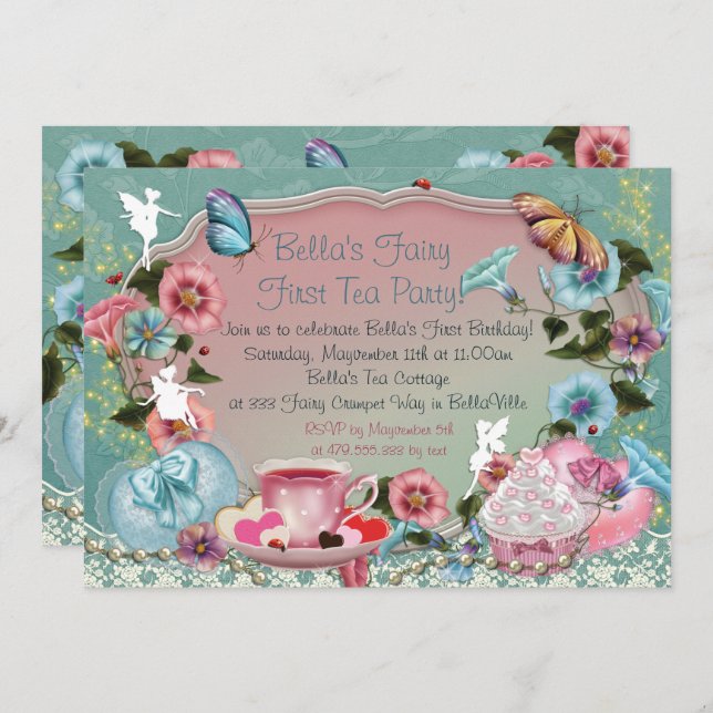 Fairy Tea Party Birthday Invitations (Front/Back)