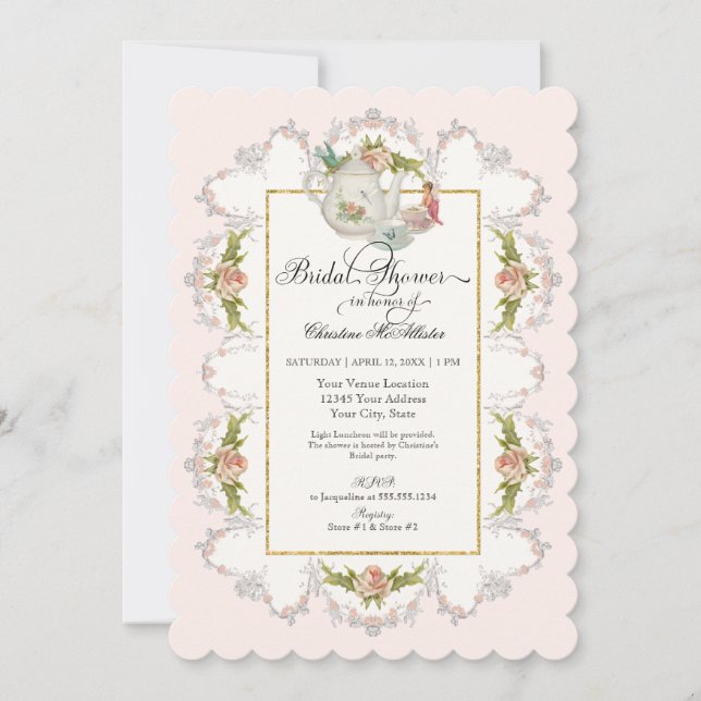 Fairy Tea Party Teapot n Cups Bridal Shower Invitation (Front)