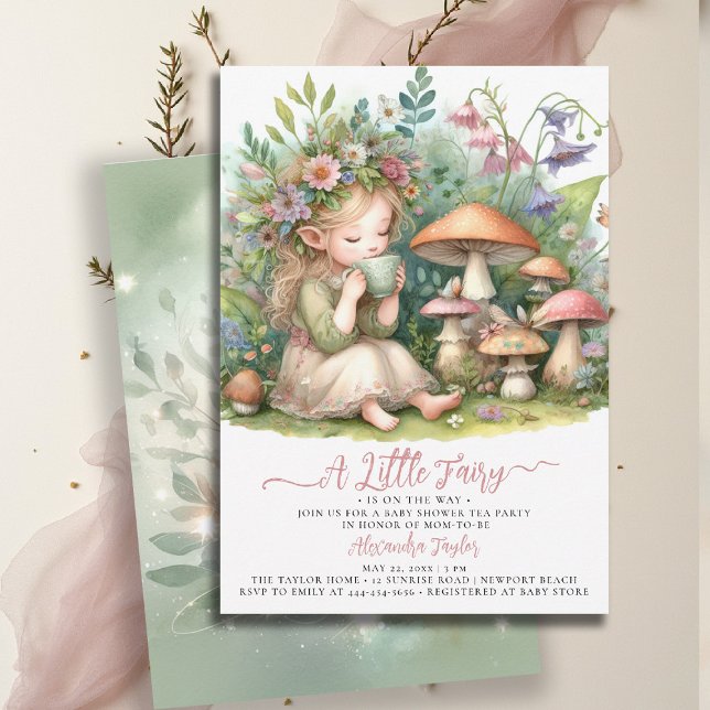 Fairy Tea Wildflowers Mushrooms Baby Girl Shower Invitation (enchanted garden baby shower invitation tea party fairytale fairy greenery woodland mushrooms)