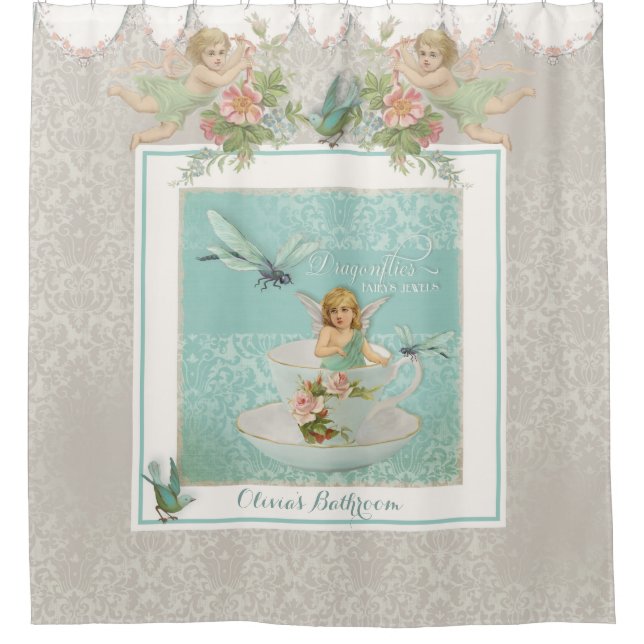 Fairy Teacups w Birds n Dragonflies Lace Damask Shower Curtain (Front)