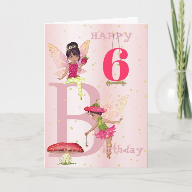 Fairy Theme Girl Dark Hair Pink Child Age Birthday Card (Front)