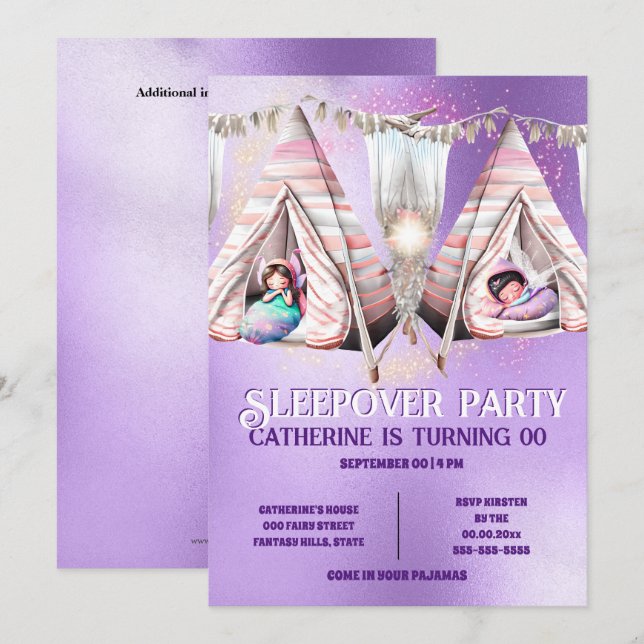 Fairy theme teepee purple shine sleepover slumber invitation (Front/Back)