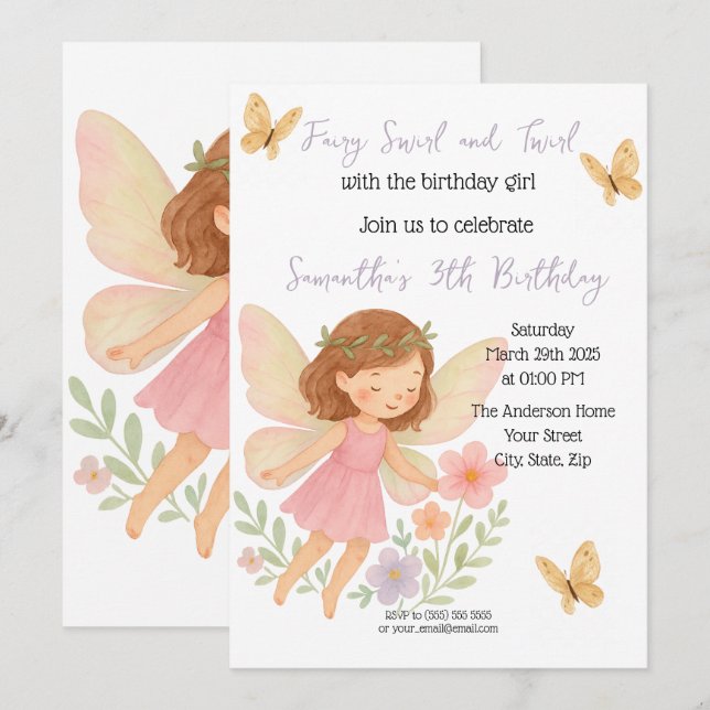 Fairy-Themed Kids Birthday Invitation (Front/Back)