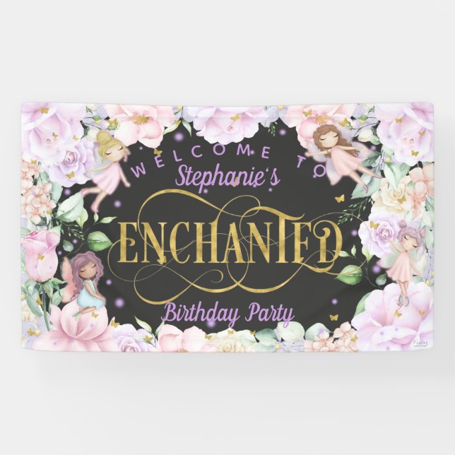 Fairy themed pink purple flowers birthday backdrop banner (Horizontal)