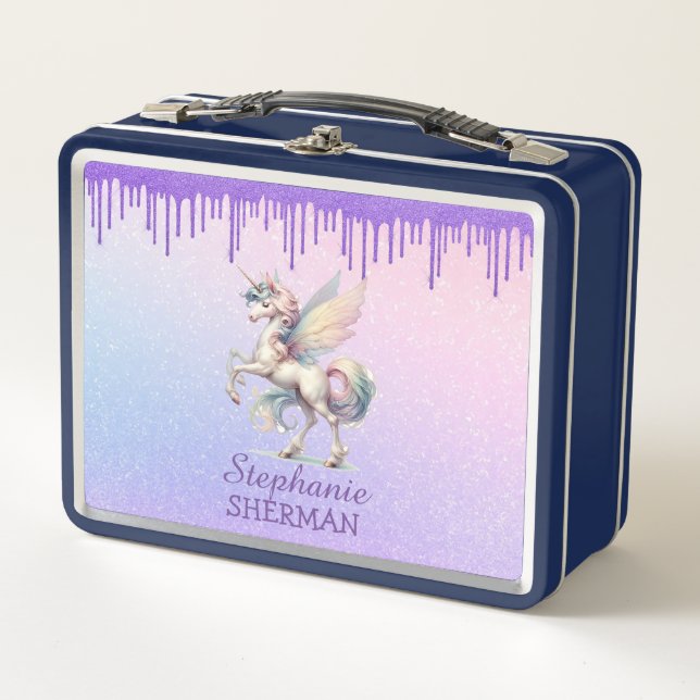 Fairy Unicorn Dripping Purple Glitter Metal Lunch Box (Front)