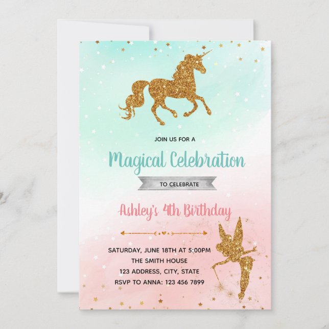 Fairy unicorn silhouette birthday party invitation (Front)