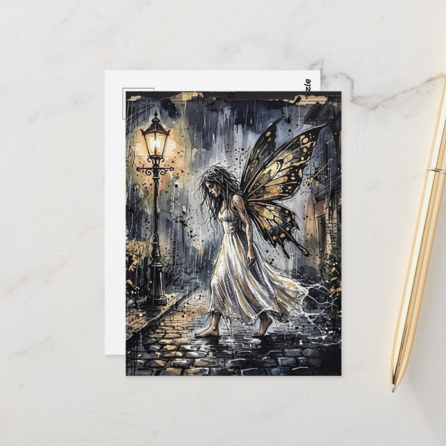 Fairy Walking in the Rain Postcard (Front/Back In Situ)