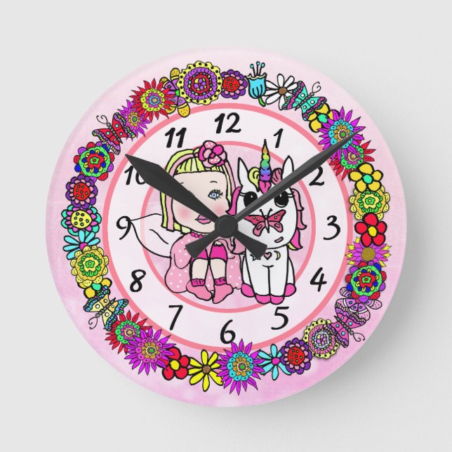 Fairy Whimsical Folk Art Girl's Round Clock (Front)