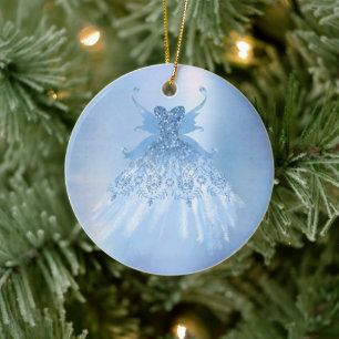 Fairy Wing Ice Gown   Frost Blue Iridescent Sheen Ceramic Tree Decoration