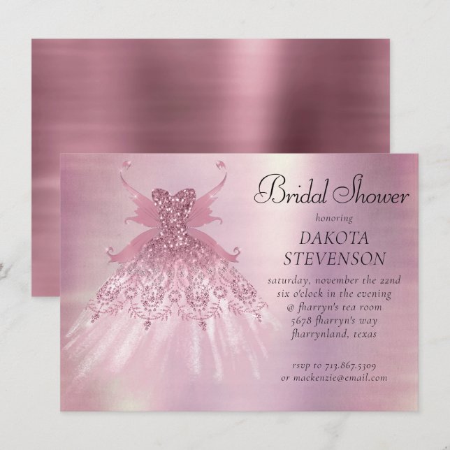 Fairy Wing Mauve Gown | Luxurious Dusty Pink Sheen Invitation (Front/Back)