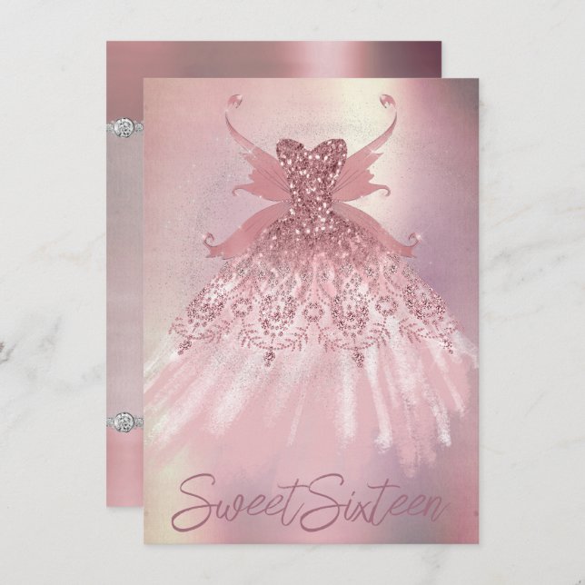 Fairy Wing Mauve Gown | Luxurious Dusty Pink Sheen Invitation (Front/Back)