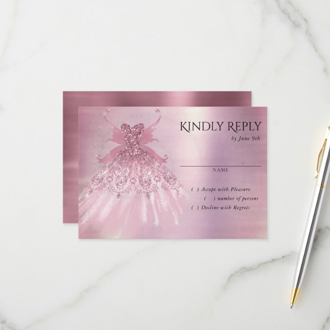 Fairy Wing Mauve Gown | Luxurious Dusty Pink Sheen RSVP Card (Front/Back In Situ)