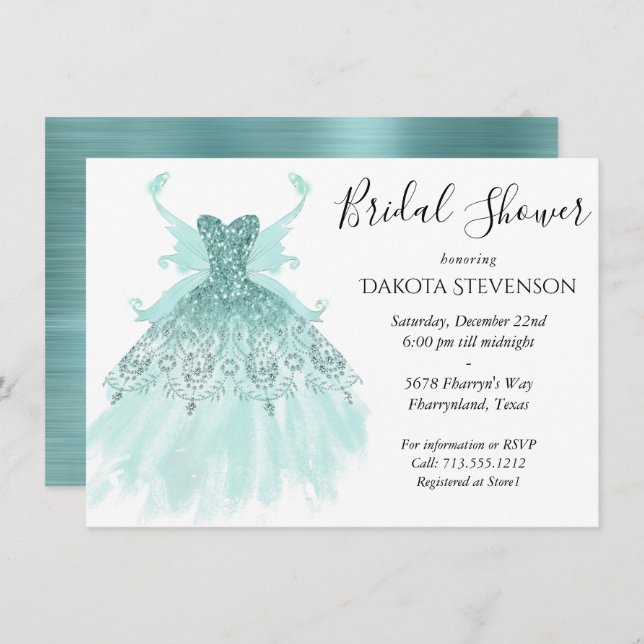 Fairy Wing Mint Gown | Luxe Pearl Green Aqua Sheen Invitation (Front/Back)