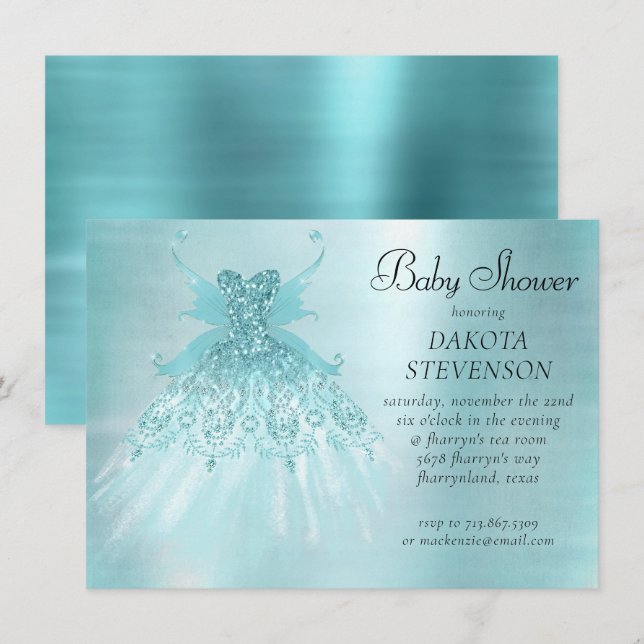 Fairy Wing Mint Gown | Luxe Pearl Green Aqua Sheen Invitation (Front/Back)