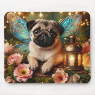 Fairy Wing Pug Puppy with Flowers Mouse Pad