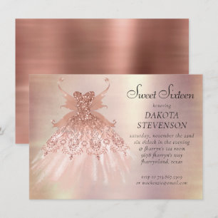 Fairy Wing Rose Gold Gown   Terracotta Coral Sheen Invitation