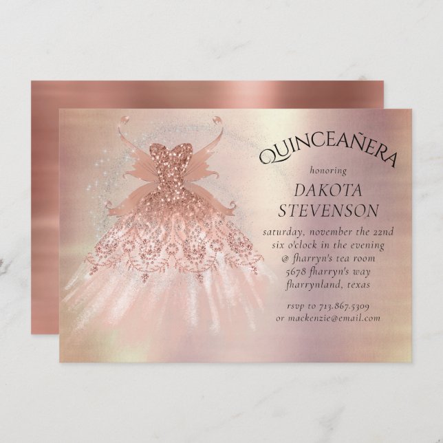 Fairy Wing Rose Gold Gown | Terracotta Coral Sheen Invitation (Front/Back)