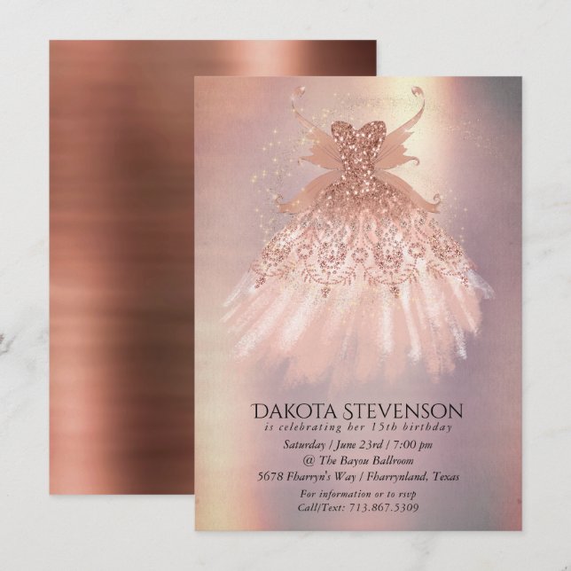 Fairy Wing Rose Gold Gown | Terracotta Coral Sheen Invitation (Front/Back)