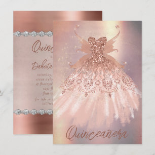 Fairy Wing Rose Gold Gown   Terracotta Coral Sheen Invitation
