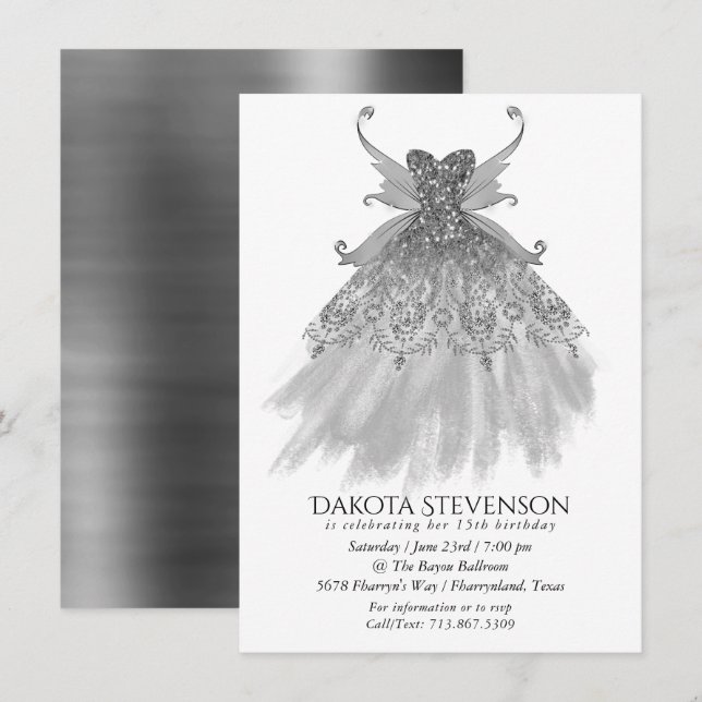 Fairy Wing Silver Gown | Platinum Faux Sheen Invitation (Front/Back)