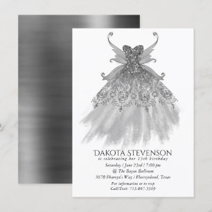 Fairy Wing Silver Gown   Platinum Faux Sheen Invitation